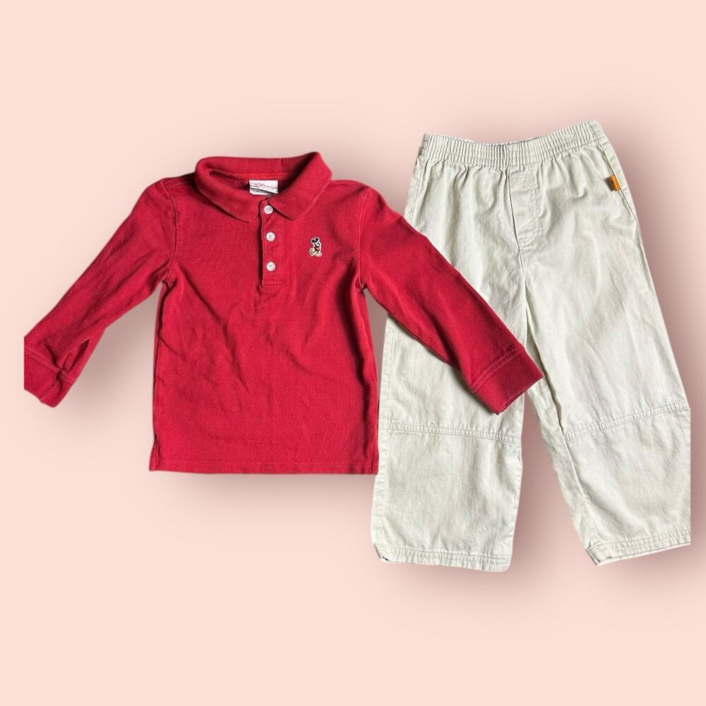 Vtg Mickey Mouse Disney Toddler Outfit Set 4T Polo Shirt Khaki Kids XS Pants